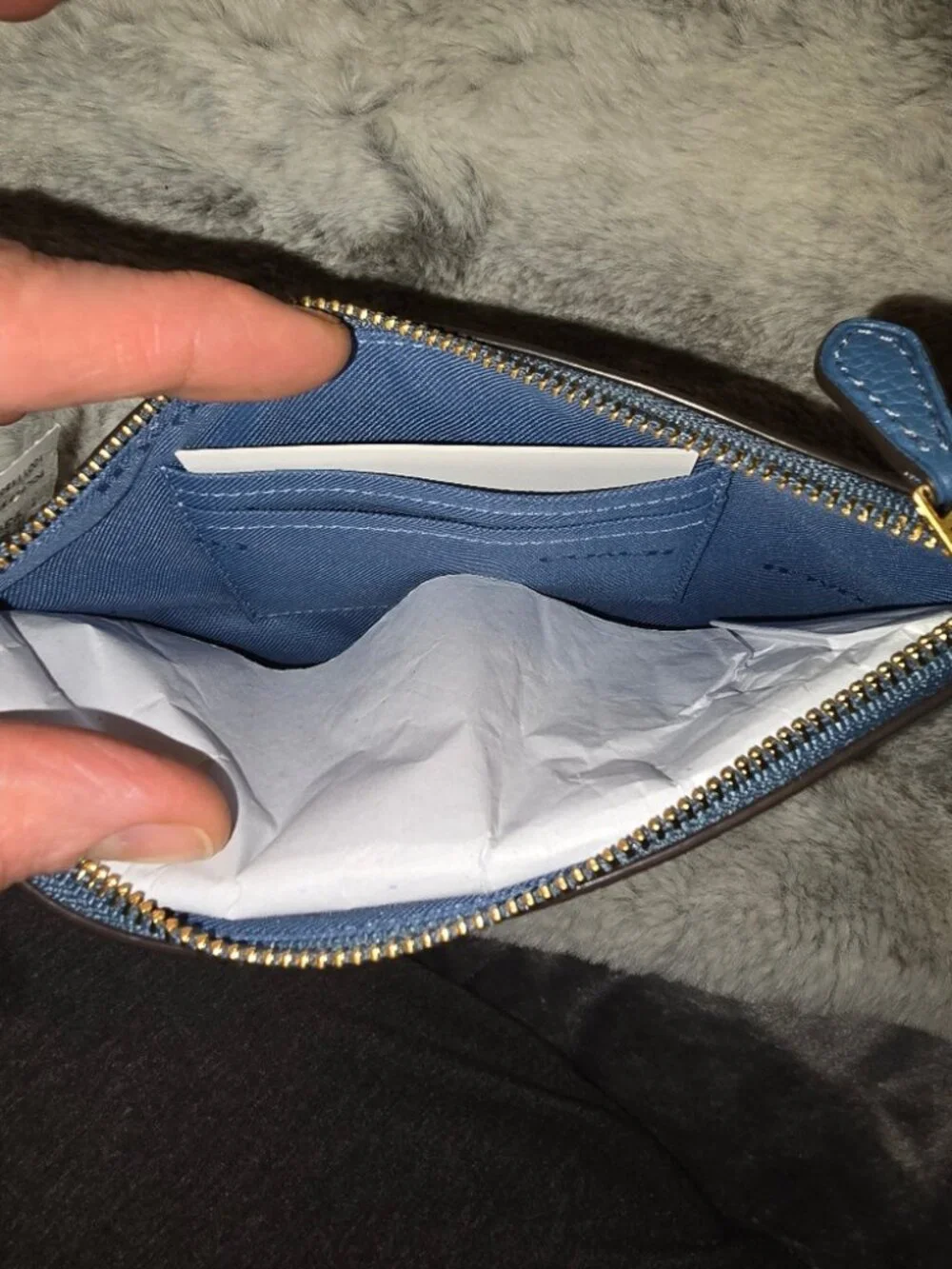 Coach Blue Pebble Leather Wristlet – Gold Hardware, Detachable Strap